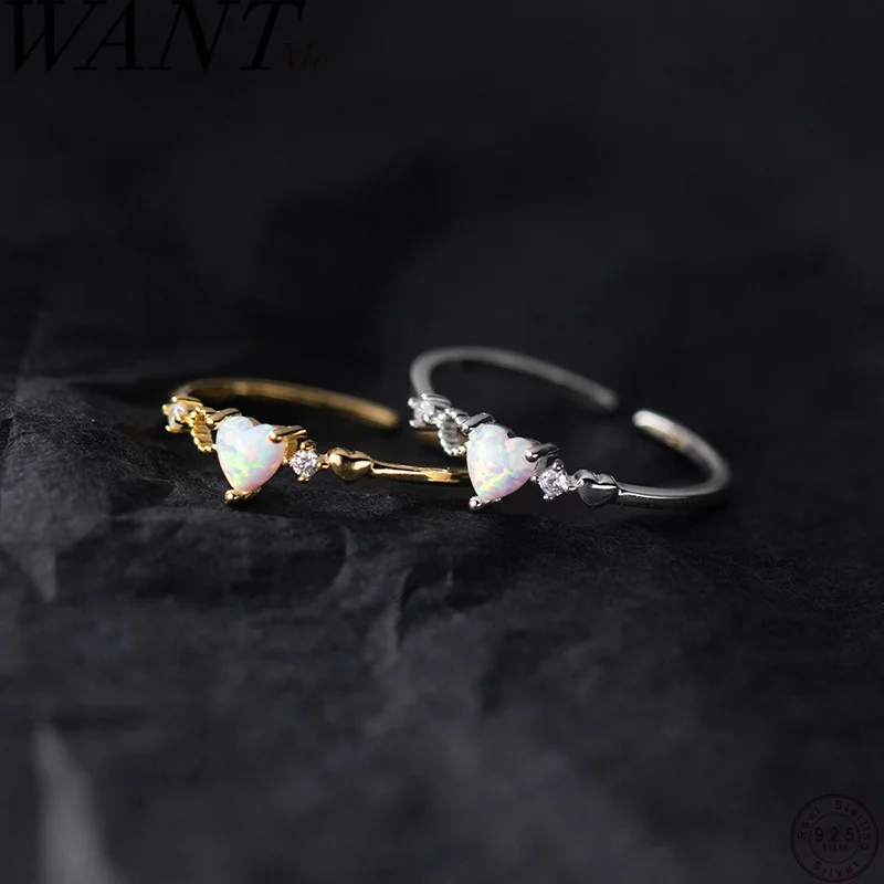 

WANTME 925 Sterling Silver Romantic Love Heart-shaped Opal Open Finger Ring for Women Fashion Sweet Wedding Party Fine Jewelry