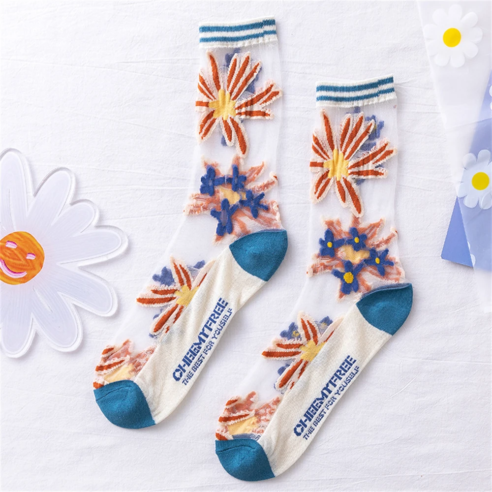 شيك الصيف السيدات منتصف أنبوب الدانتيل الربط القطن شبكة تنفس رقيقة الزجاج الحرير كريستال ليتل زهرة الكرمة الجوارب دروبشيب