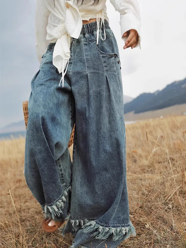 

66-78cm Elastic Waist Spring Summer Fall Women Jeans American Retro Blue Washed Distressed Tassel Fringed Wide Leg Denim Pants