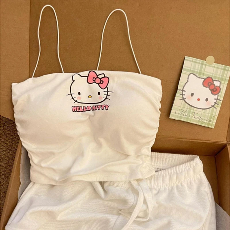 

Sanrio Cute Cartoon Hello Kitty with Chest Mat Women's Sleepwear Summer Strap Shorts Outerwear Home Clothes Set