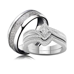 Charm Silver Color Couple Rings for Lover's Cute Women Rhinestones Zircon Rings Set Trendy Stainless Steel Men Rings Jewelry