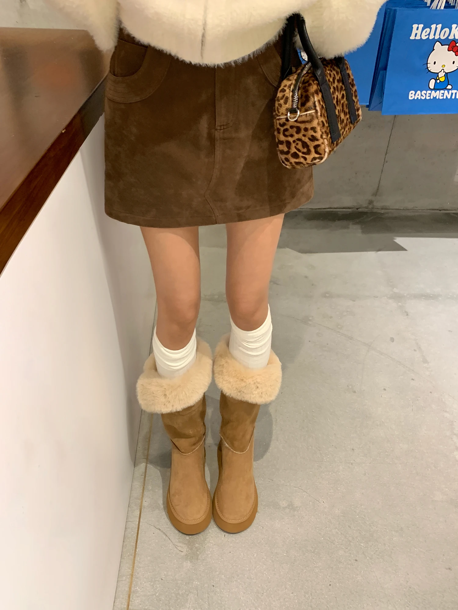 

Pusumede mat Versatile Retro Coffee Color PU Suede f-length Skirt Women's Design Sensation A-line Bodycon ort Skirt