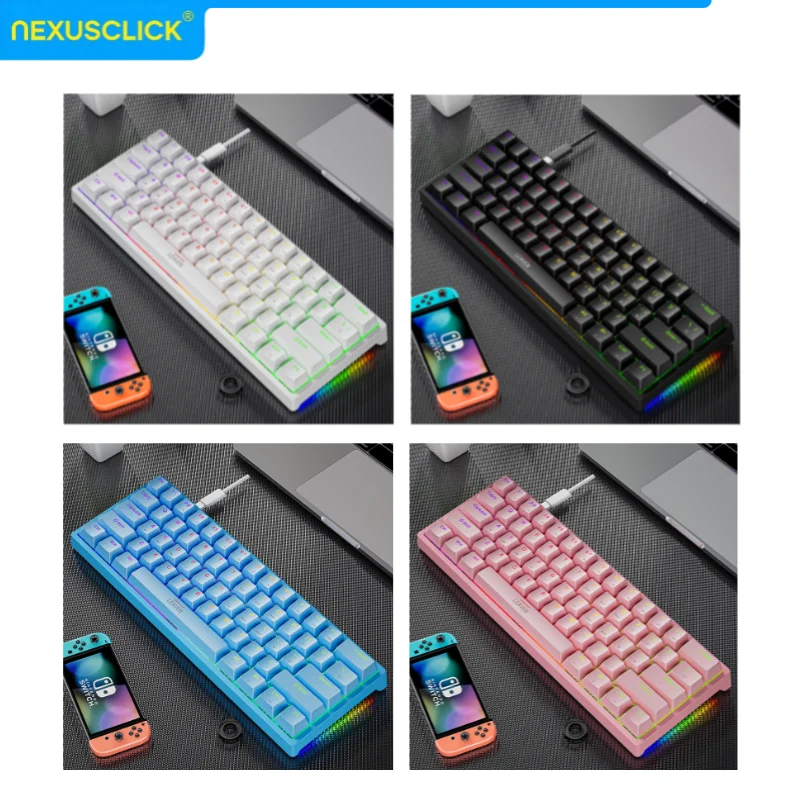 NexusClick 60% Mini Gaming Mechanical Keyboard,Ergonomics 61 Key RGB Hotswap Type-C Wired Gaming Keyboard PBT Keycaps for Office
