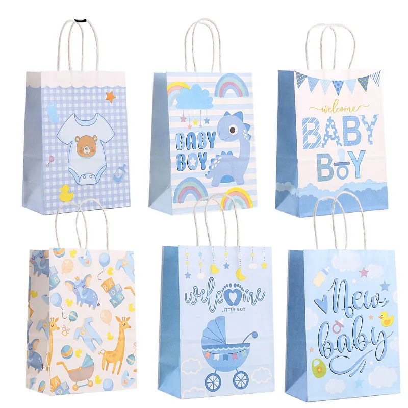 12 Stück blaue Geschenktüten für Babys mit Griff, Leckerli-Süßigkeiten-Kekse-Taschen für Gäste, Babyparty, Geschlecht offenbaren, Geburtstagsparty-Dekoration