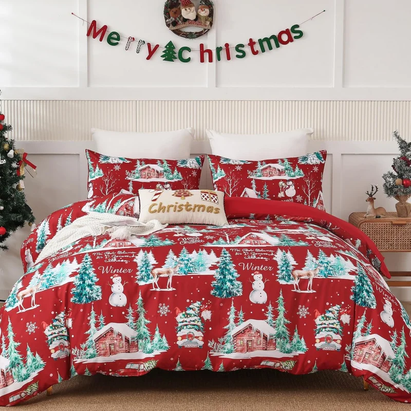 

Dobui Christmas duvet set, large reindeer snowman pattern with 2 pillowcases, soft red bedding set for holiday and New Year gift