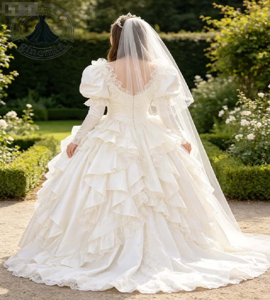 Vintage Victorian 1980s Wedding Dress 2027 V Neck Long Sleeve Lace Ruffles Ball Gown Bride Dresses Chapel Train Elopement Custom