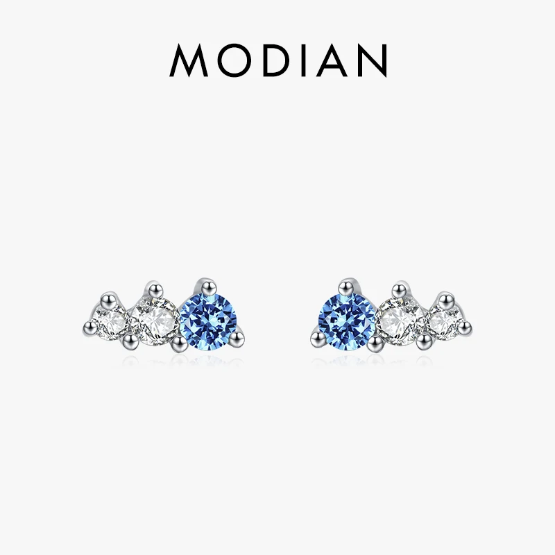 Modian 925 Sterling Silver Delicate Tiny Blue Zircon Small Stud Earrings Contrast Color Design Ear Studs For Women Fine Jewelry