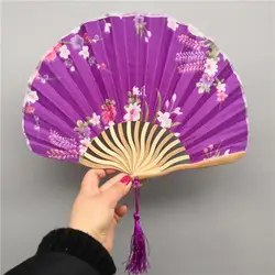 Hand Fold Fan Vintage Style Bamboo Wood Silk Flower Japanese Chinese Artificial Pink Wedding Girl Man Dance wedding Fan