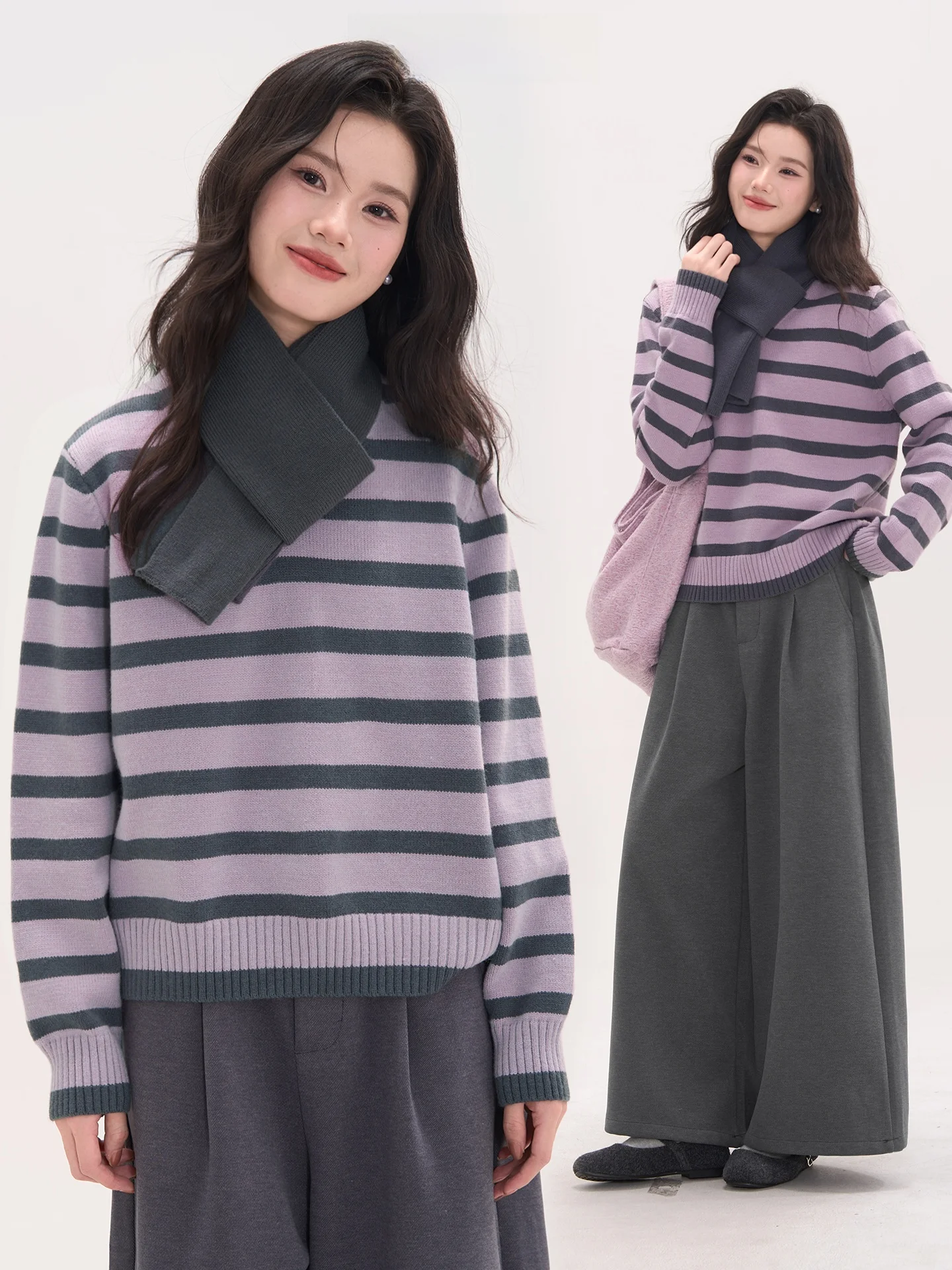 

Sweet Sle V-Ne полосатый вязаный свитер с шарфом свободного кроя длинный све осень-зима женский модный повседневный трикотаж