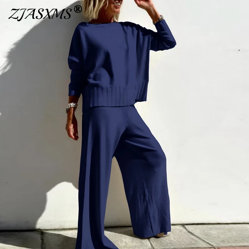 Winter Long Sleeve Knitted Two Piece Set Women Fashion Round Neck Top Pullover & Long Pant Outfit Autumn Solid Rib Sweater Suits