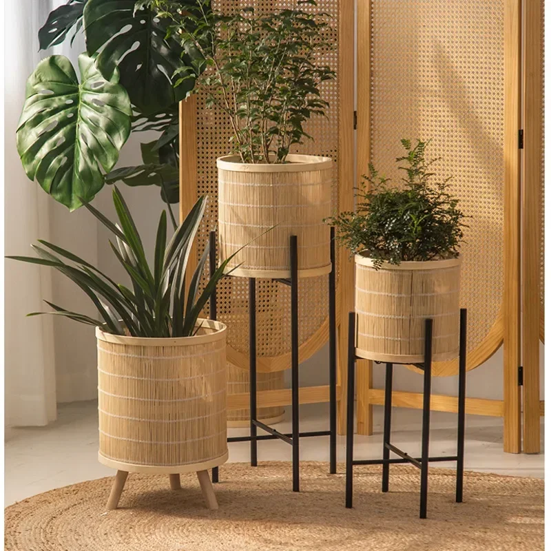 Floor Standing Flower Stand Turtle Back Bamboo Display Rack Nordic Bamboo Weaving Plant Shelf Versatile Scene Decorative Shelf