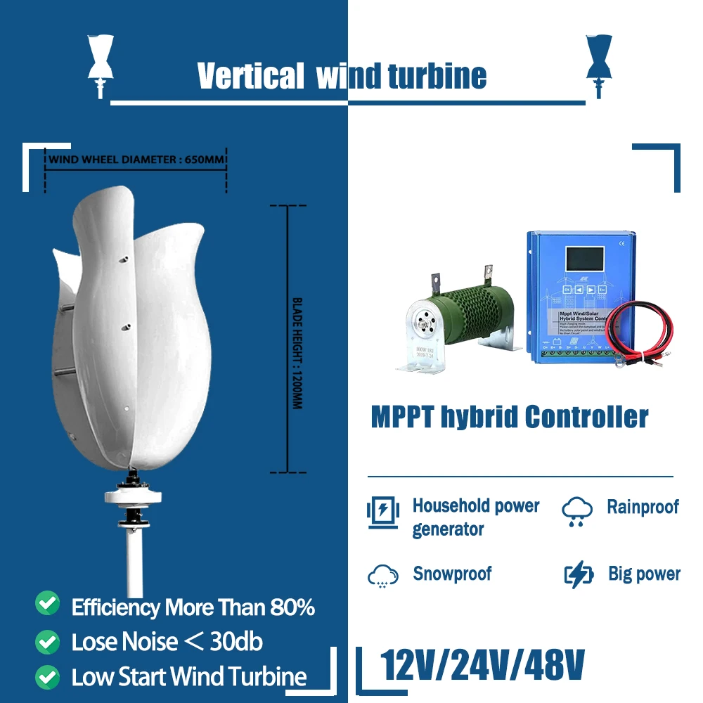 Wind Turbine 6KW Generator Axis Windmill Energy Sources 12v 24v 48v Mppt Charge Controller Off Grid Inverter 3Blades