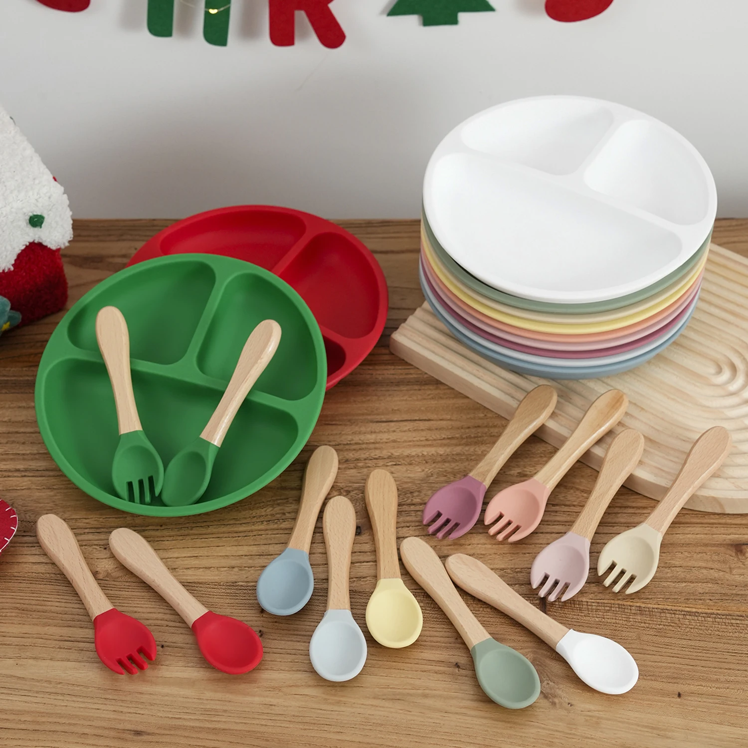 

Color Kids 3PCS Children Feeding Tableware Set BPA Free Silicone Dishes Plate With Spoon Fork Training Baby Dinnerware Utensils