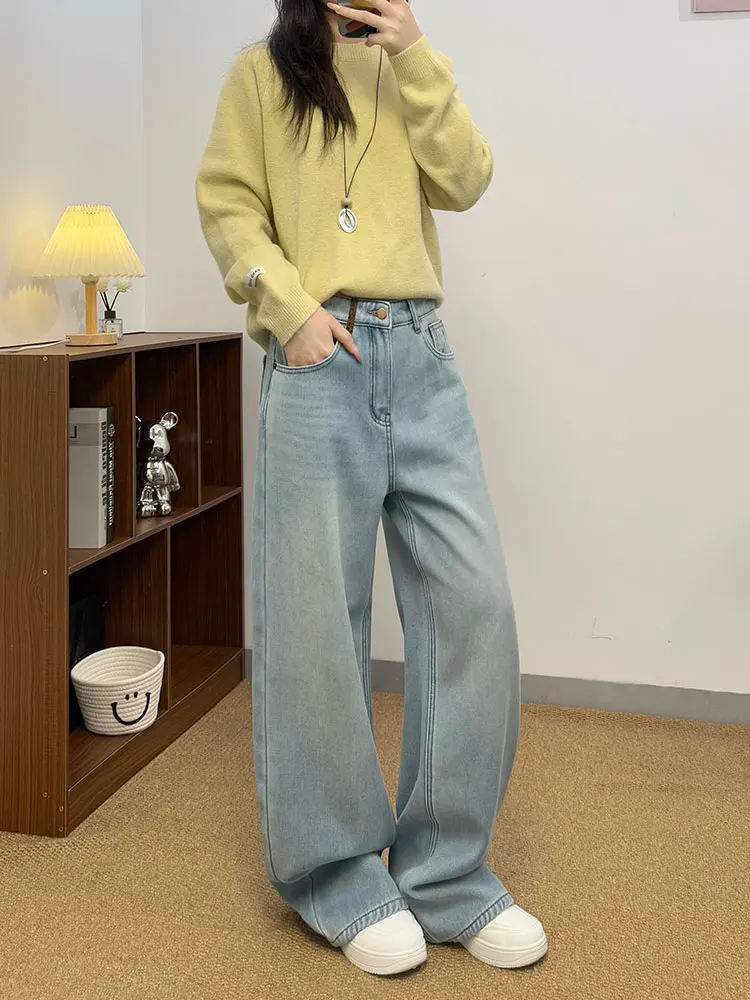 

Женские облегающие прямые джинсы Fce Lined Thi Warm Wide Leg Long Pants Winter Vintage Hong Kong Sle с высокой талией на молнии...