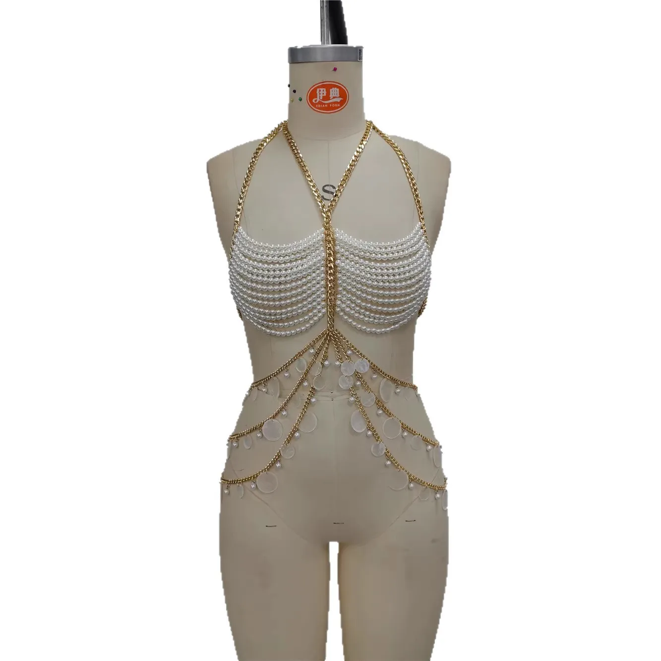 

Ins New European And American Style Pearl Multi-Layer Vest With Sequins, Pearl Pendant, And Adjustable Chain Top