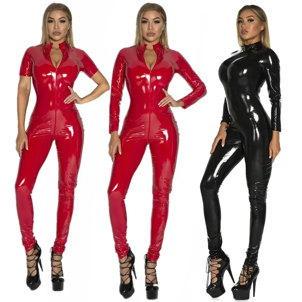 PVC Latex Bodysuit Front Zipper Open Crotch Latex Jumpsuits Sexy Women Faux Leather Catsuit Stretch PU Bodysuit