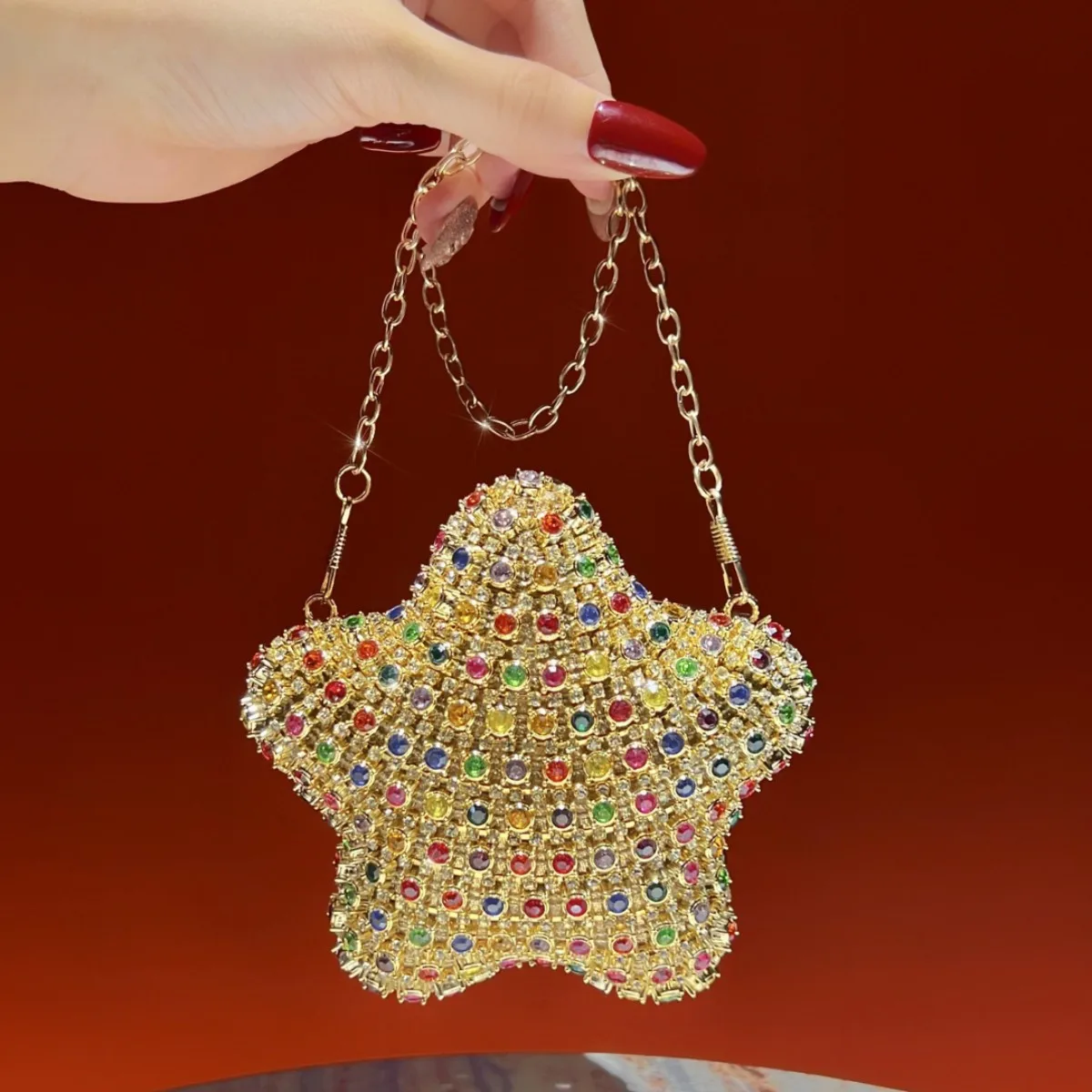 J41 Sweet Memory Bags Lipstick Bag, Pentagram Rhinestone Crossbody Chain Bag