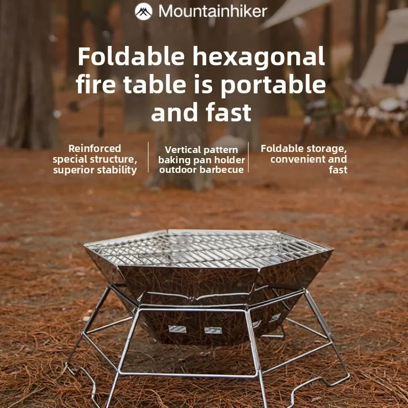 Mountainhiker Hexagonal Folding Fire Burner Camping Stainless Steel Grill Outdoor Picnic Portable Barbecue Firewood Stove Table