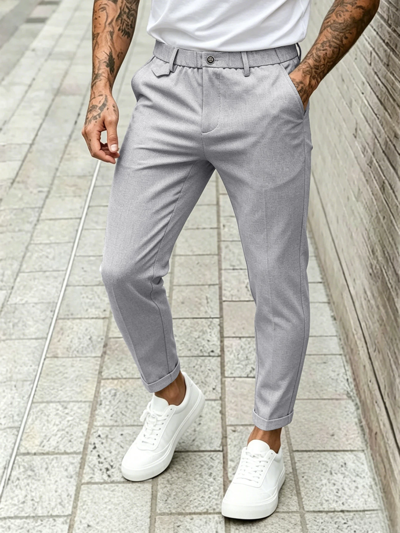 

Business Casual Mens Elastic Waist Cuffed Cropped Suit Trousers Stretch Wrinkle Resistant Slim Ankle Chino Pants Sizes S-XXL