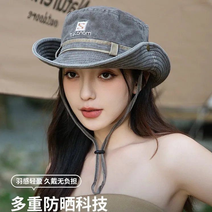 

Women Summer Western Cowboy Hat Vintage Washed Fisherman Cap with Drawstring Sun Shield for Outdoor Hiking Climbing​