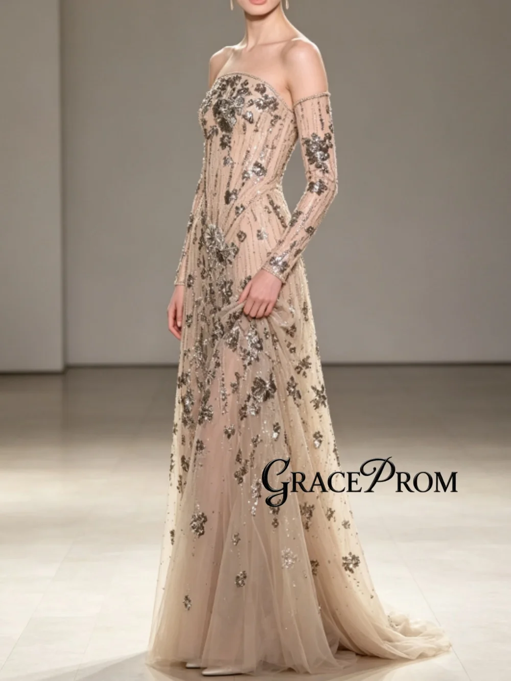 Elegant Strapless Satin Fold Bust Crystal Beaded Sheer Evening Gown Wedding Guest Party Dress فساتين سهرة Chic Formal Prom Dress