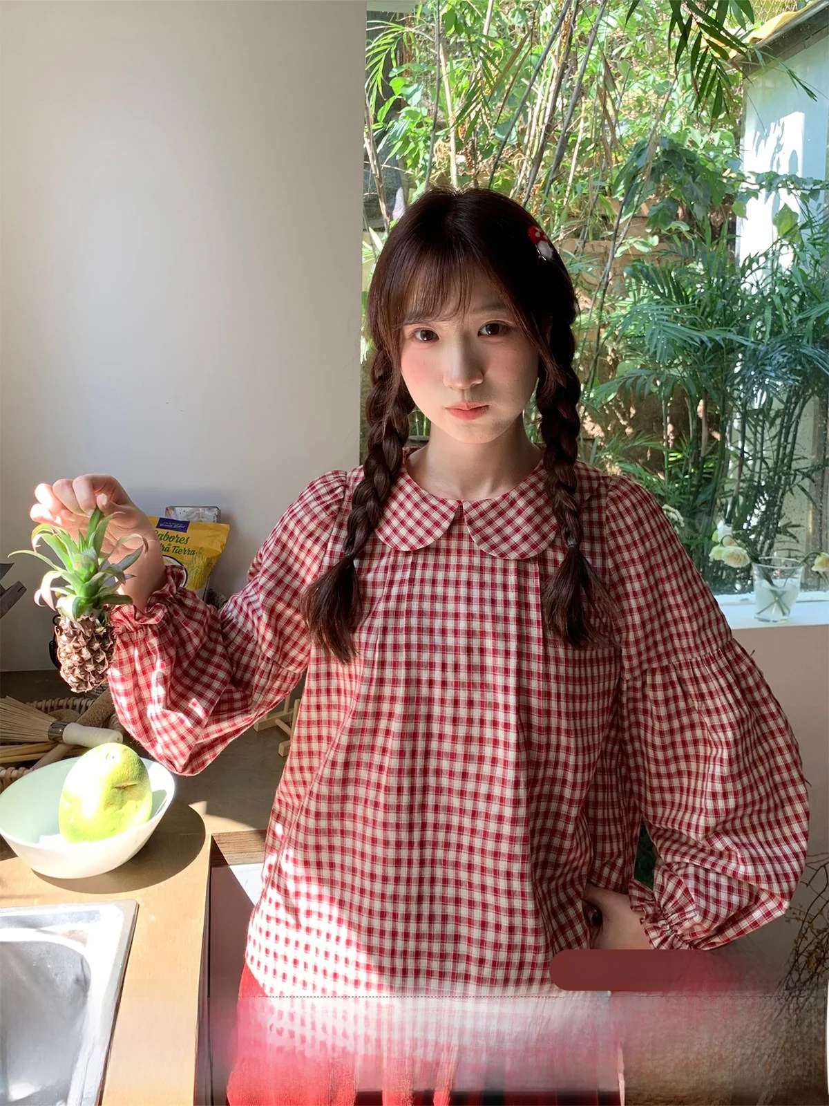 

Sweet Cute Sle Petal Collar Plaid Loose Long Sve Overhead irt for Women Wooden Tea MUCHA ort Girls Comfortable Cotton