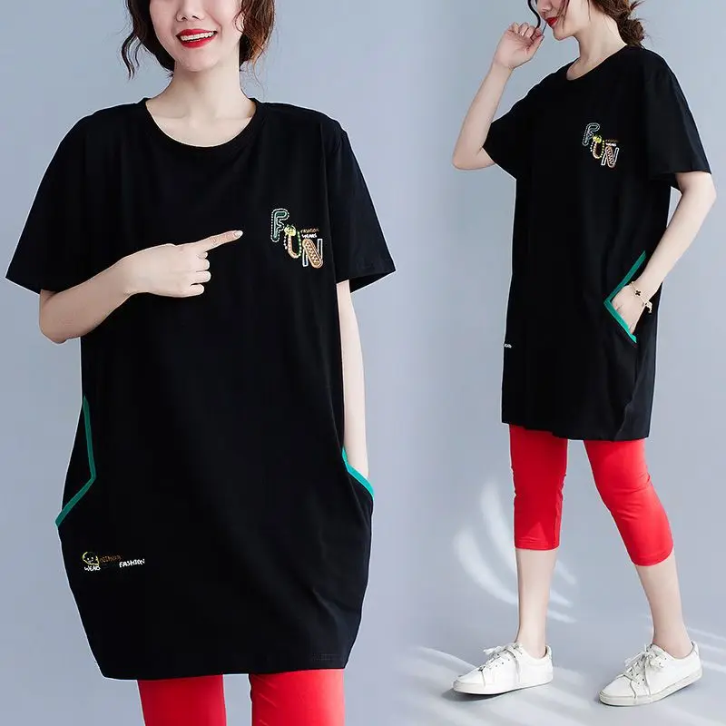 Fashion O-Neck Pockets Spliced Casual Printed T-Shirts Women\'s Clothing 2024 Summer New Oversized Korean Tops Commuter Tee Shirt