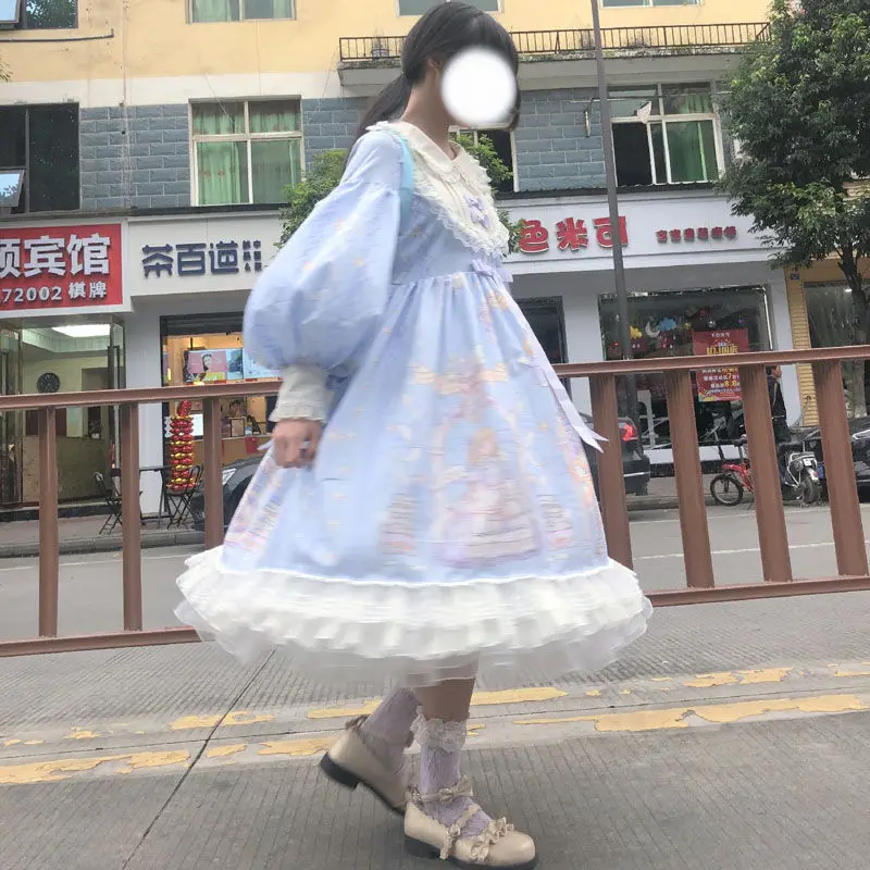 Vestido de manga comprida Lolita babados, Doce japonês Kawaii Lolita, Festa do chá de fada branca, Harujuku