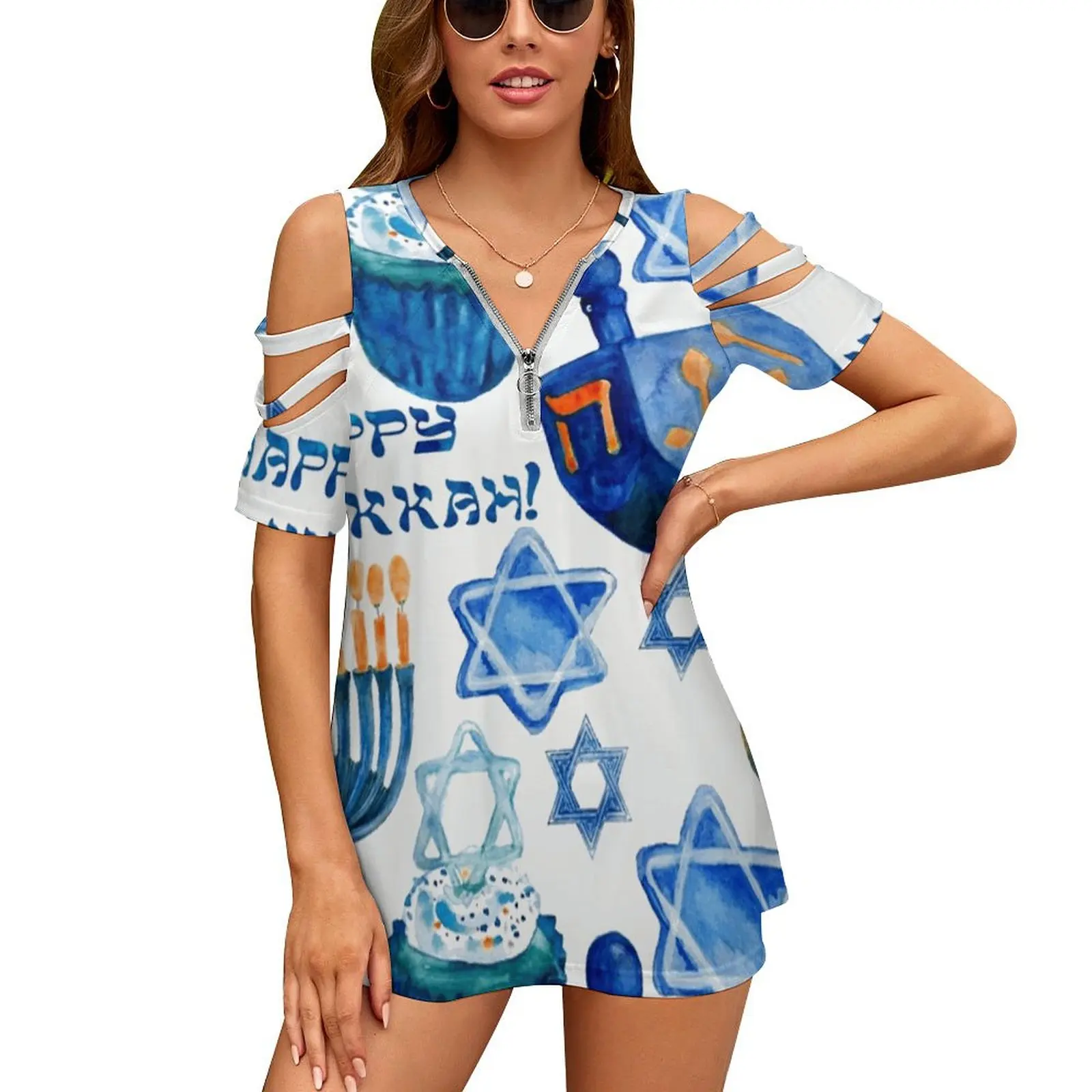 Hanukkah Pattern : Menorahs , Dreidels , And Star Of David New Fashion Zip Off Shoulder Top Short-Sleeve Women Shirt Hanukkah