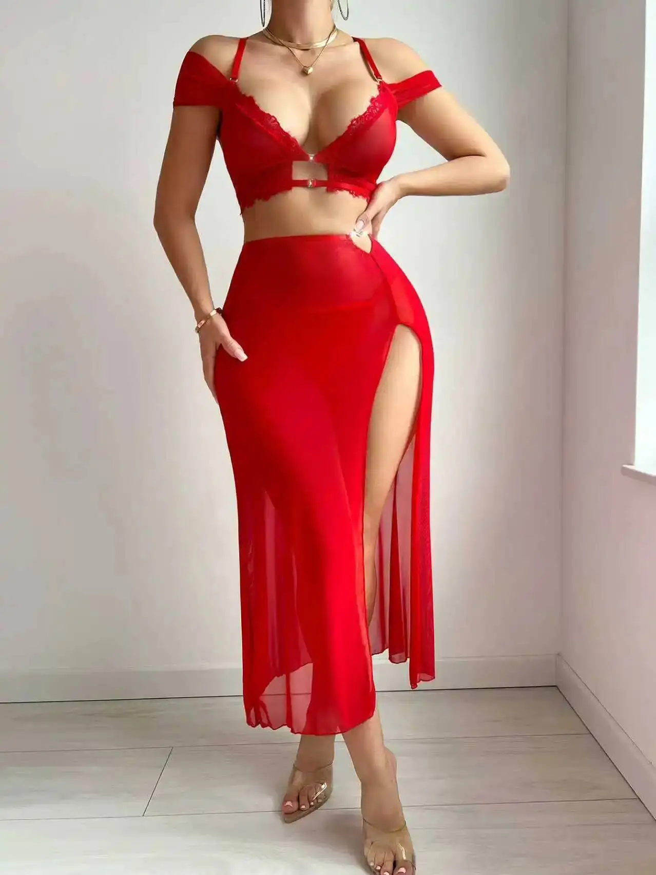 Nowa długa sukienka 2025, styl casual, seksowna, z rozcięciem, dopasowana, z przezroczystej siateczki, elegancka sukienka dla kobiet WXEA