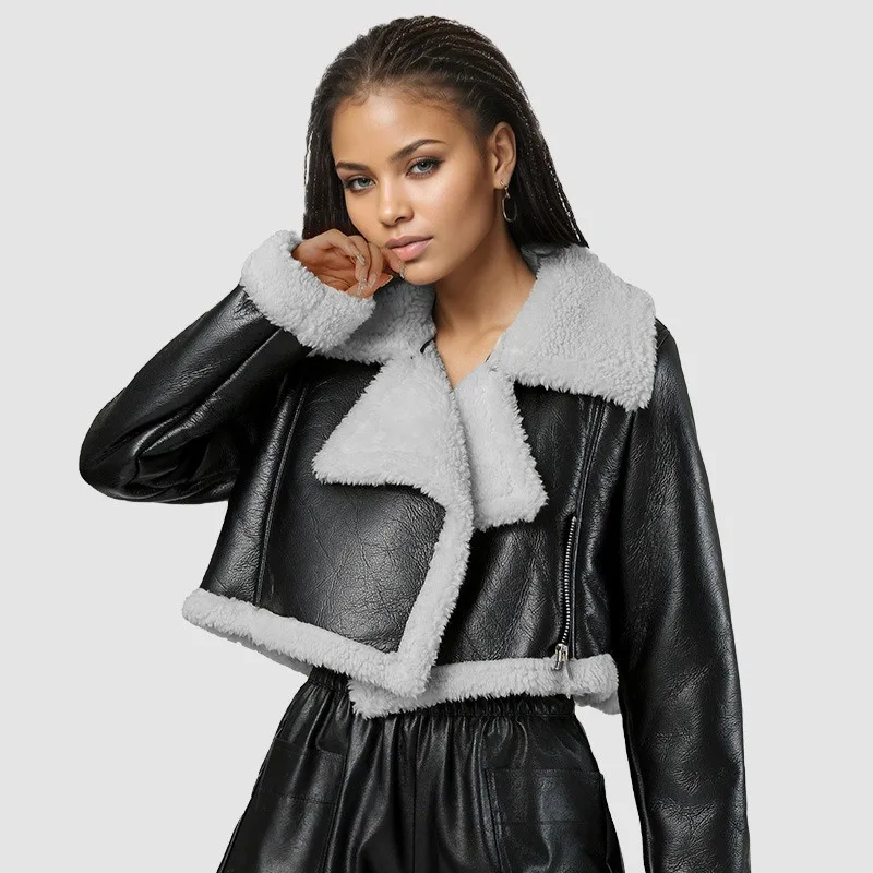 Mode High Street dames korte imitatieleer designjas Herfst en winter Veelzijdige top Nieuwe verdikte fluwelen jas