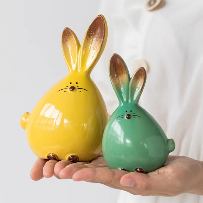 2pcs Simple Cute Rabbit Ceramic Ornament Animal Desktop Decoration for Living Room Bedroom TV Cabinet Entrance Home Decor