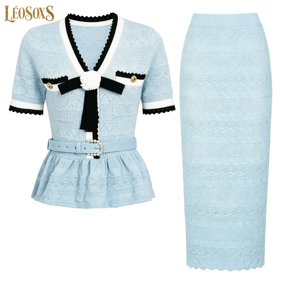 LEOSOXS Spring Summer Knitted TwoPiece Outfit VNeck Short Sleeve Top Midi Skirt Belted Floral Slim Fit Women Commuter Casual Set