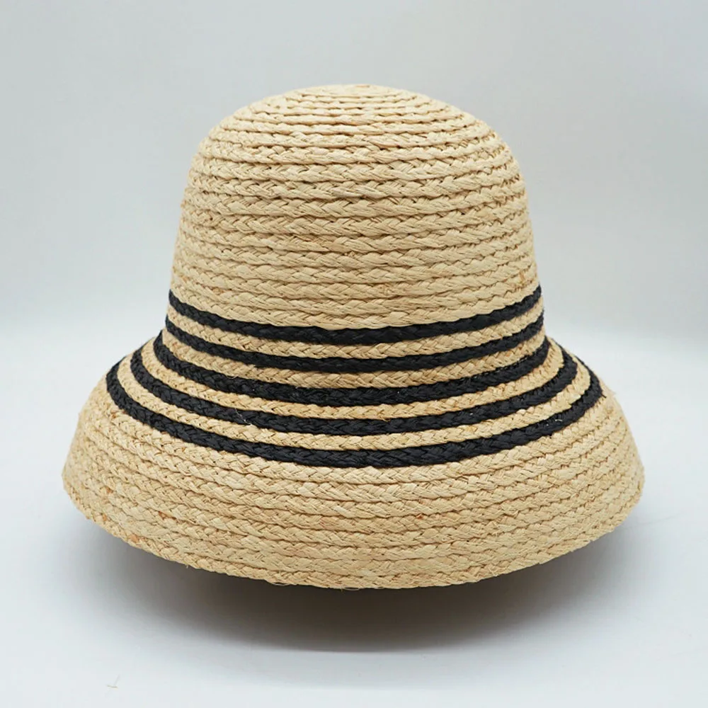 Cloche Summer  for Women Black Stripped Straw  Wide Brim Sun  Dome Ladies Travel Party Derby Hat