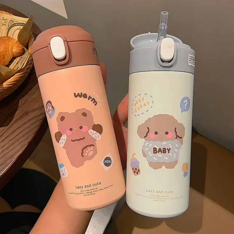 380ML Stainless Steel Thermos Vacuum Flask Cute Cartoon Thermal Water Bottle for Girls Insulated Straw Cups Tumbler Drinkware