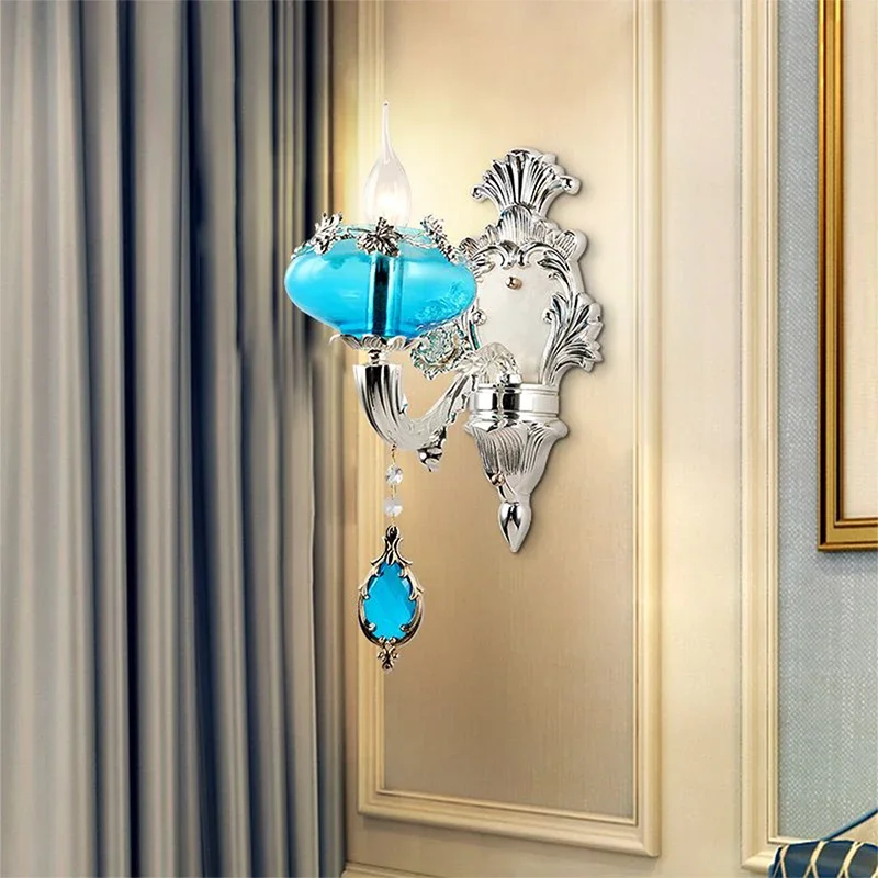 ABEL-Lámpara de pared de cristal azul de lujo, lámpara de noche europea para sala de estar, dormitorio, fondo de pared, pasillo, Villa, iluminación de Hotel