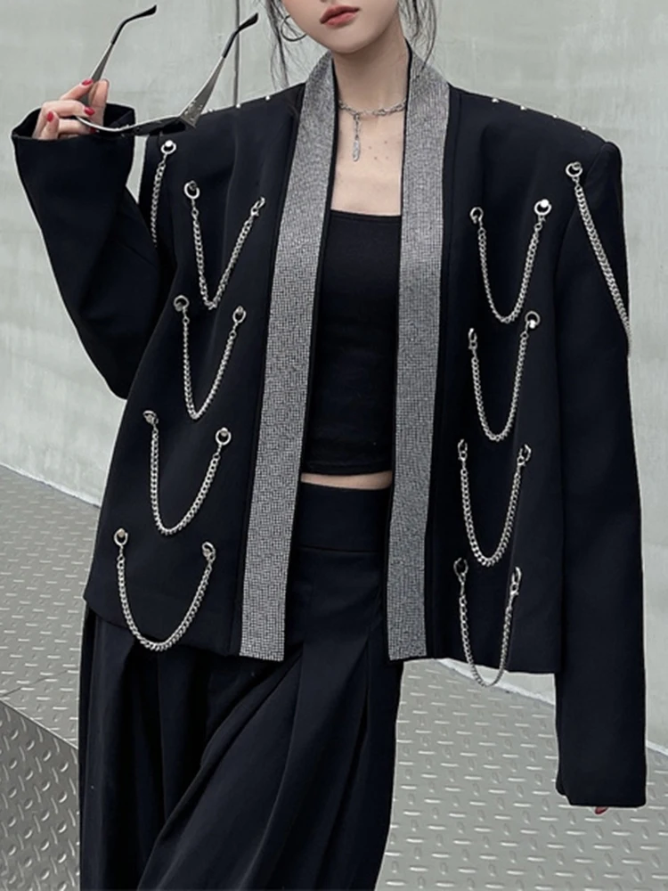 [Vibe] Women Color-block Spliced Big Size Metal Chain Blazer New Lapel Long Sleeve Jacket Fashion Tide Spring Autumn 2025
