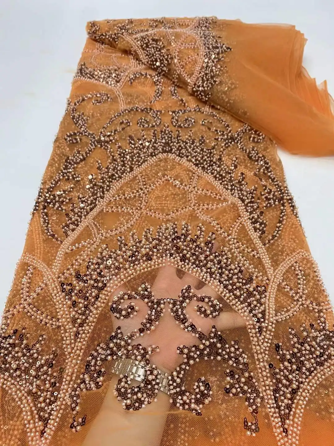 

Orange French Sequins African Tulle Mesh Lace Fabric 2023 High Quality Nigerian Net Lace Fabrics For Women Party Wedding Dresses