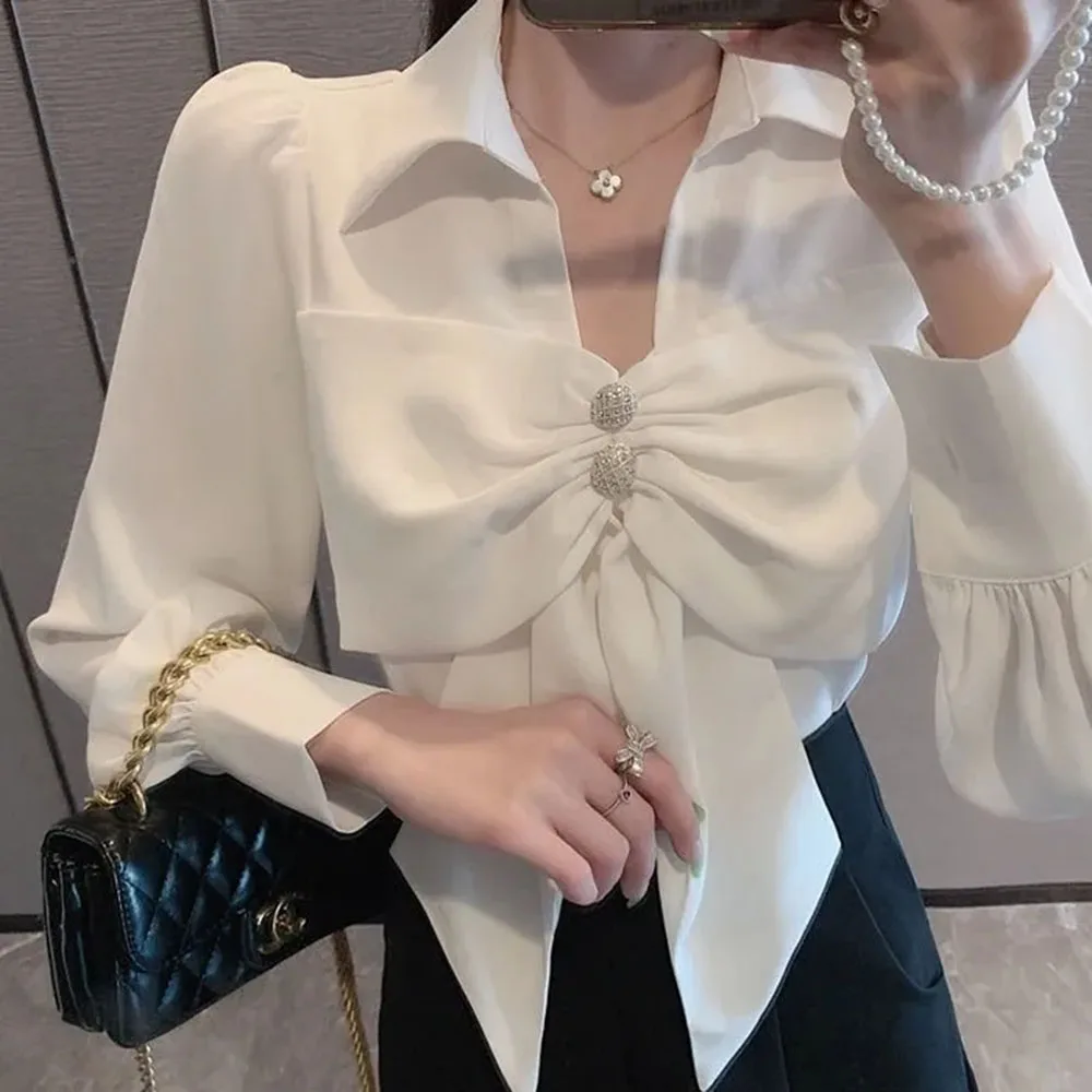 Korean Fashion V-neck Bubble Sleeve Shirt Women\'s Clothing White Blouses 2023 Ladies Tops Elegant Bow Chiffon Blusas De Mujer