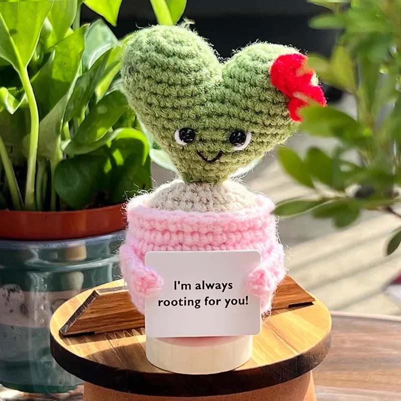 1pc Mini Handmade Emotional Cactus Rose Potted Plants Cute Crochet Flowers Finished Bouquets Home Desktop Decoration Lovers Gift