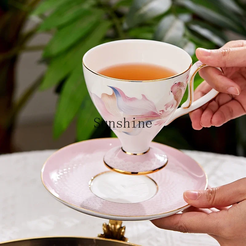 Floating Koi Bone China British Afternoon Tea Cup Saucer Black Tea Coffee Mug High-end Gift