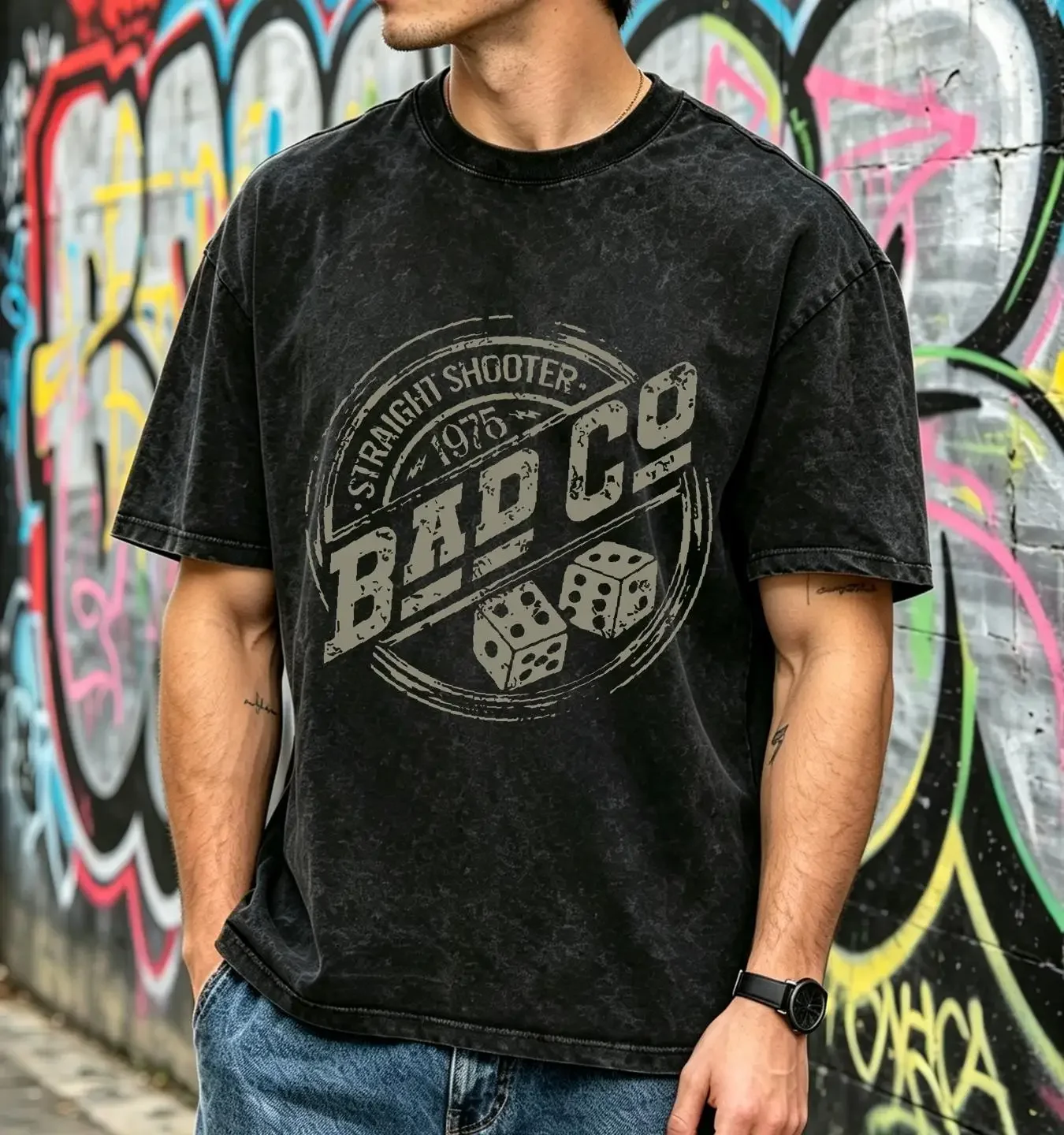 washed T Shirt Bad Company Straight Shooter Roundel Black OFFICIAL vintage Washed Breathable homme Stretched Stylish