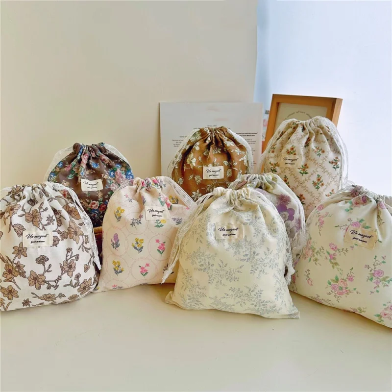 1PC Cotton Drawstring Drawstring Bag Lace Drawstring Small Shredded Flower Storage Bag Home Travel Storage Bag