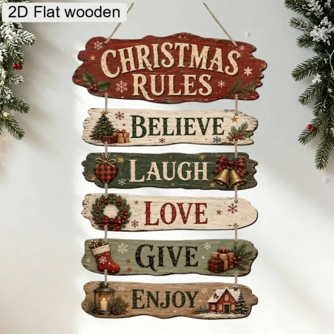 2D Flat, 6pcs Wooden Christmas Rule Tags - 