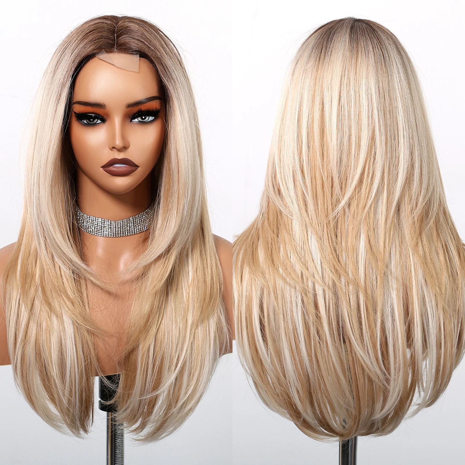 DWY Lange Rechte Grijze Synthetische Pruiken voor Vrouwen Natuurlijke Haarlijn Lace Front Pruiken Met Donkere Wortels Dagelijks Feest Hittebestendige Pruik