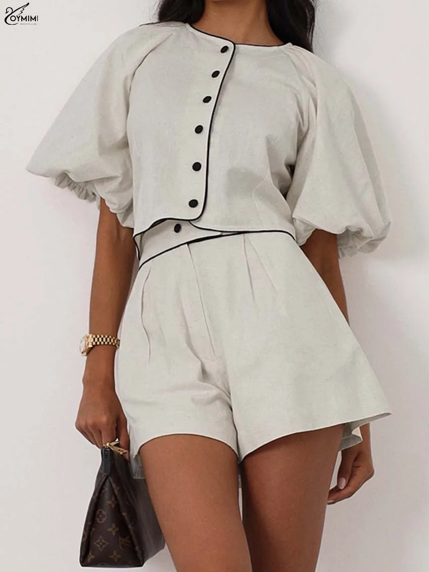 

Oymimi, повседневные комплекты из 2 предметов цвета хаки, женский наряд, модные однобортные рубашки с круглым вырезом и пышными рукавами и шорты на пуговицах, женские комплекты