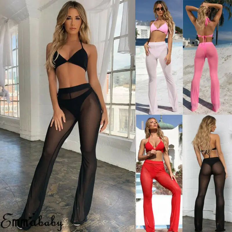 Nóng Gợi Cảm Ren Nữ Đi Biển Lưới Trong Suốt Quần Sheer Chân Xem Qua Bao Che Bikini Quần Pantalon