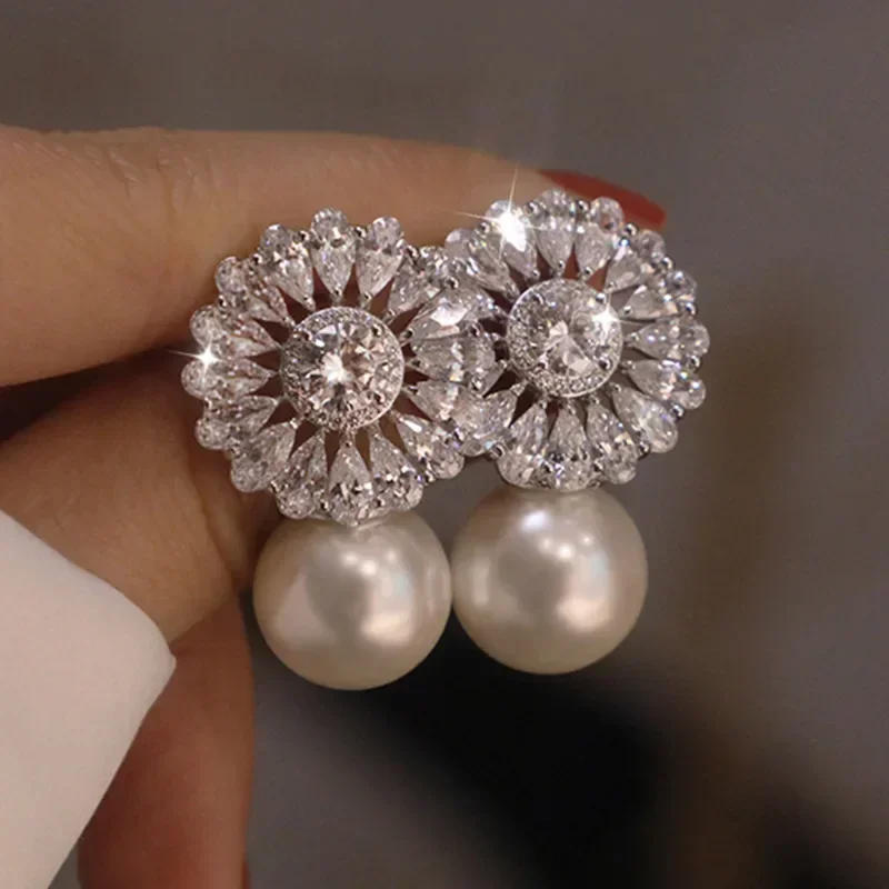 Beautiful Women 925 Sterling Silver Needle Drop Earrings Pearl Delicate Female Flower Earring for Party Gift Top Quality Jewelry