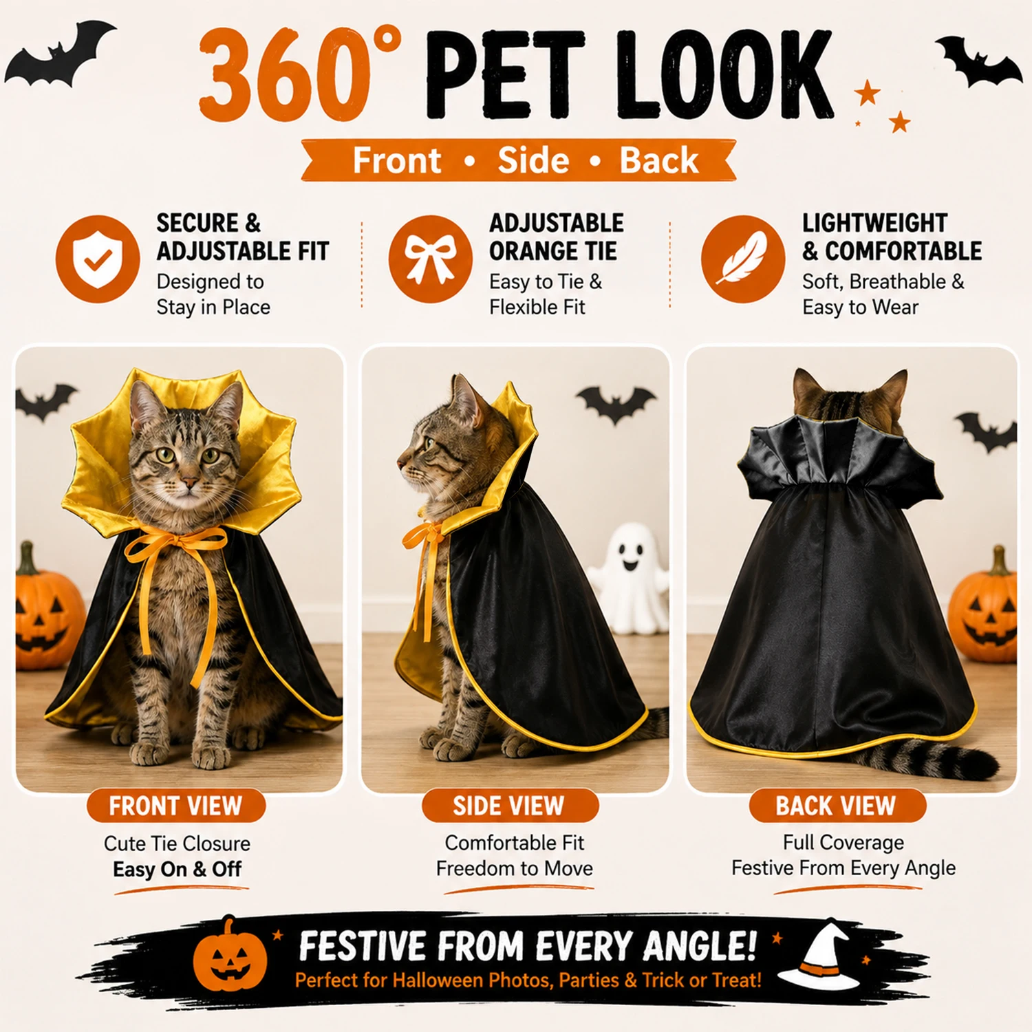 Halloween-Vampirumhang für Katzen und kleine Hunde, schwarzes, orangefarbenes Fledermausflügel-Kostüm für Haustiere, verstellbare, elastische Beinriemen und Bindebänder. – Detail 4