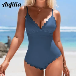 Anfilia Women Fashion One-Piece Swimsuit Solid Scalloped Trim High Elastic with Removable Padded Bathing Suit Sexy Swimwear